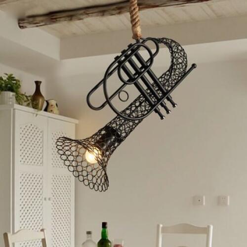 Loft American Country Hemp Rope Industrial black iron Saxophone Pendant Lamp Lights e27 Cafe bar droplight