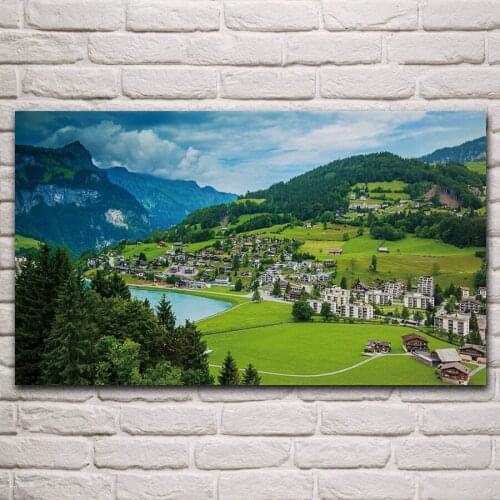 Village in switzerland alps nature scenery landscape living room home decor art print canvas fabric poster KP363
