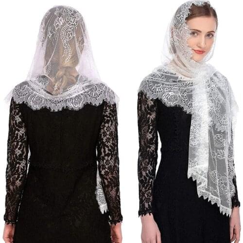 Chapel Veil Mantilla Veils Latin Mass Flower Embroidered Head Covering Lace Edge Scarf for Confirmation and Baptism