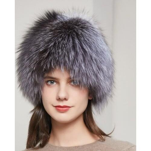 JKP Winter Ladies Real Natural Fox Knitted Beanie Cap Russia Warm Ear Protection Hot Sale Fashion Silver Fox Fur Women Hat HY-11