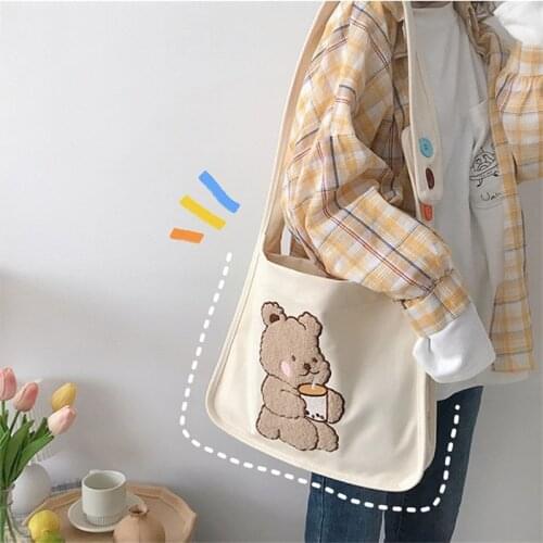 Fashion Kawaii Canvas Shoulder Bags Bear Embroidery Japan Korea Style Crossbody Casual Tote Bags For Women