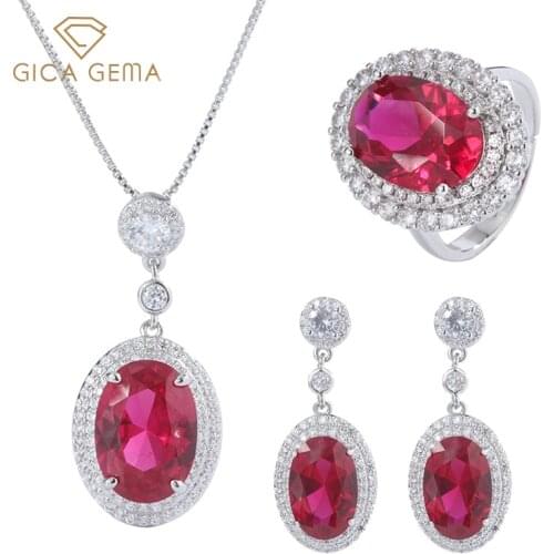 GICA GEMA Created Ruby Rings Pendants Earrings Jewelry Set For Women Real 925 Sterling Silver Luxury Engagement Wedding Jewelry