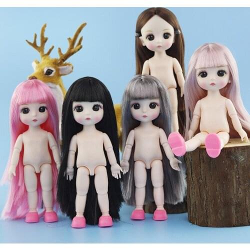 1/12 13 Moveable Jointed Doll with 3D Eyes 16cm Doll Long Wig Hair Female Naked Nude Body Dolls Toy for Girls Fashion Doll