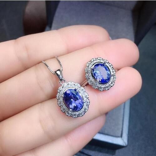 Best Gift Real Natural Tanzanite Jewelry set Natural 925 sterling silver Fine jewelry 1pc Tanzanitering,1pc Tanzanite Pendant
