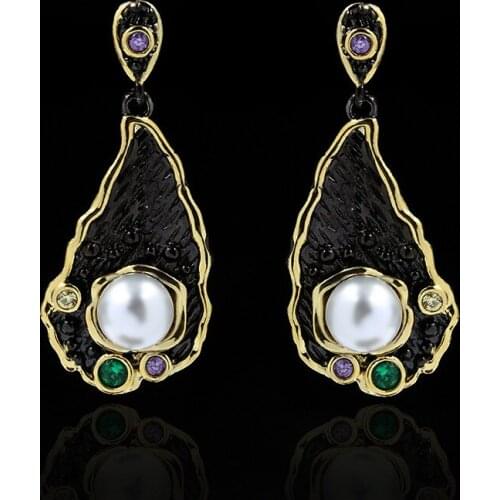 925 Silver Exaggerated Vintage Baroque Pearl Drop Earrings for Women Trendy Black Gold Color Earrings Jewelry Anniversary Gifts