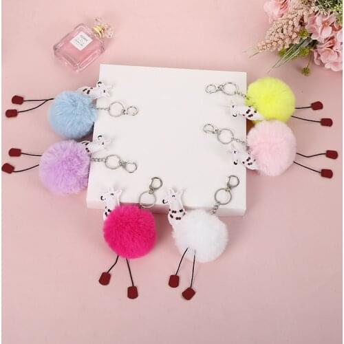Cute Pompom Alpaca Keychain pom pom Key Chain Rabbit Fur Ball pompon Porte Clef Fluffy Leather Key Ring accessories Jewelry