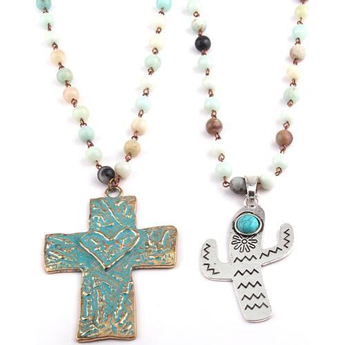 Fashion Bohemian Tribal Artisan Jewelry Amazonite Stones Bead with Moon Star, Cross, Cactus Charm Pendant Lady Necklace