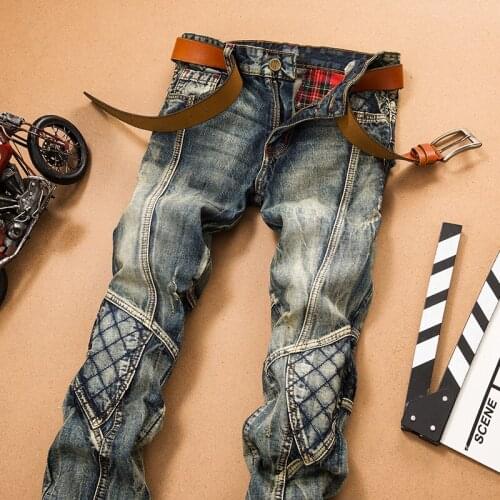 2021 New Mens Nostalgic Stitching Jeans Casual Loose Hole Retro Denim Trousers