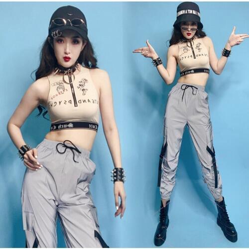 New Hip Hop Street Dance Costumes Female Jazz Dancing Clothes Pocket Tooling Trousers Stage Outfit Modern Show Wear DNV13165