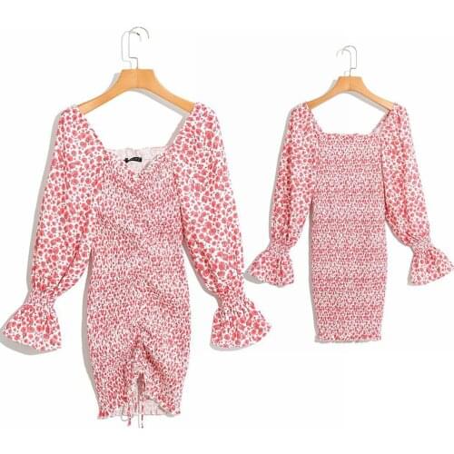 New Sexy Womens Spring Long Sleeve Floral Print Midi Dress Elegant Women Elastic Dress One Shoulder Sexy Sweet Sheath Dress