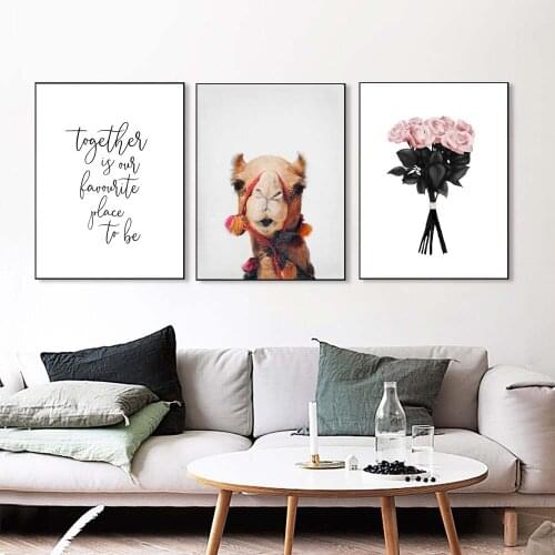 Cartoon Animal Nordic Art Canvas Poster Minimalist Print Pink Flower Wall Picture Modern Home Kids Room Decoration Unframed