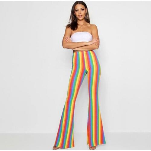 Casual Stripe Printed Yellow Vintage Flare Pants Women Elegant Mid Waist Trousers 2021 Summer Ladies Straight Skinny Joggers