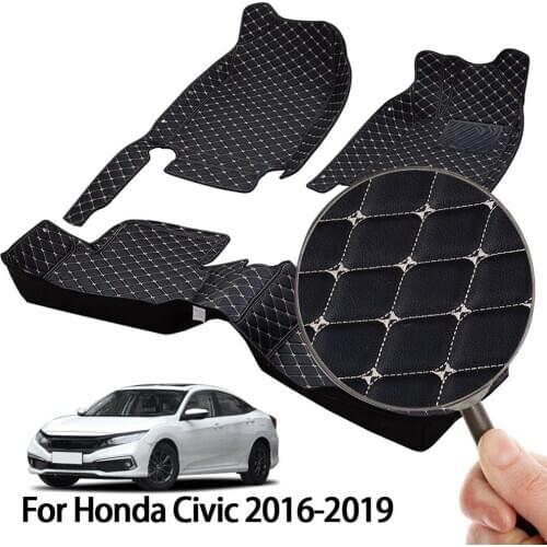 Luxury Surround Car Floor Mats for Honda Civic 2016-2020 Right Rudder Front & Rear Ridged Black PU Leather Mat Floor Protection
