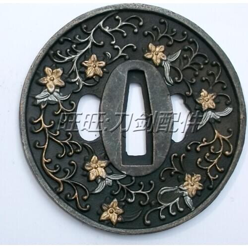 Handmade Japan Alloy Tsuba Round Guard For Japanese Samurai Katana Sword With Flower