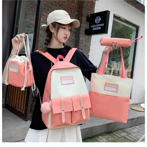 4 Pcs Set Harajuku Women Laptop Backpack Canvas School Bags Korea Style For Teenage Girls Kawaii College Student Kids Book Case