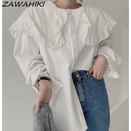 ZAWAHIKI Chic Autumn French Niche Loose Wild Solid Full Sleeve Openwork Lace Big Lapel Long Shirt Female White Bottoming Shirts