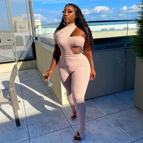 Sisterlinda Spring Ribbed Cut-Out One Shoulder Sexy Jumpsuit Women Casual Bodycon Slim Party Club Activity Clothing Rompers 2021