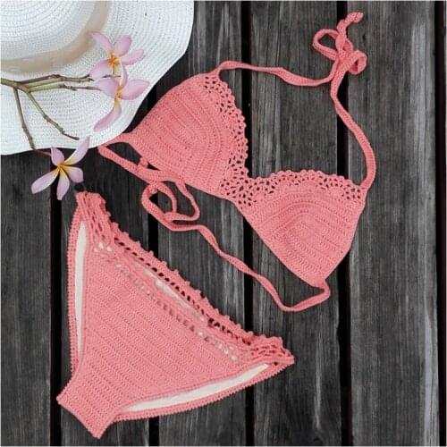 Handmade Crochet Bikini Set Crochet Bondage Women Swimsuit Lace-up Top with Bottom