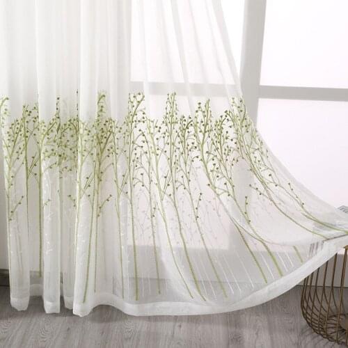 Green Leaves Embroidered Tulle Curtains for Living Room Bedroom Window Treatments Pastoral Sheer Voile for Kitchen Drapes Decor