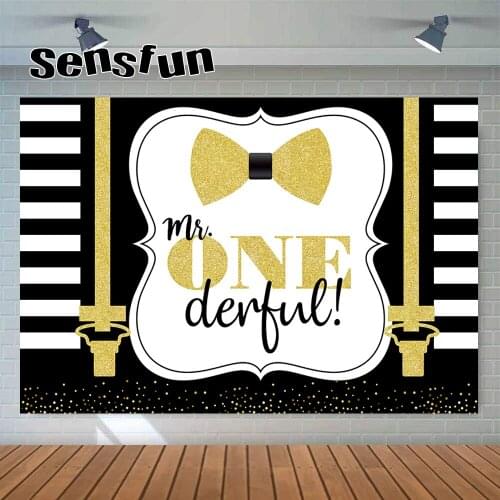 Sensfun Black White Gold Boys 1st Birthday Party Backdrop For Photography Bow Tie Newborn Baby Shower Little Man Backgrounds