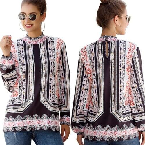 2021 Womens Spring Loose Long Sleeve Round Neck Print Fashion All-match Shirt Office Ladies Blouse Top