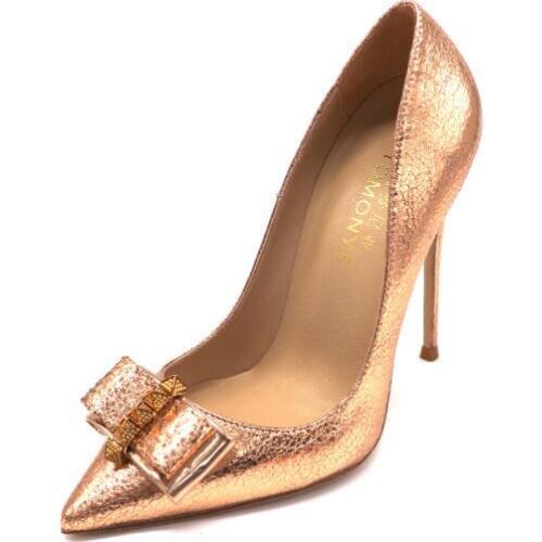 Moraima Snc Gold Leather High Heel Shoes Sexy Pointed Toe Butterfly-knot Thin Heels Party Dress Shoes Shallow Stiletto Heels