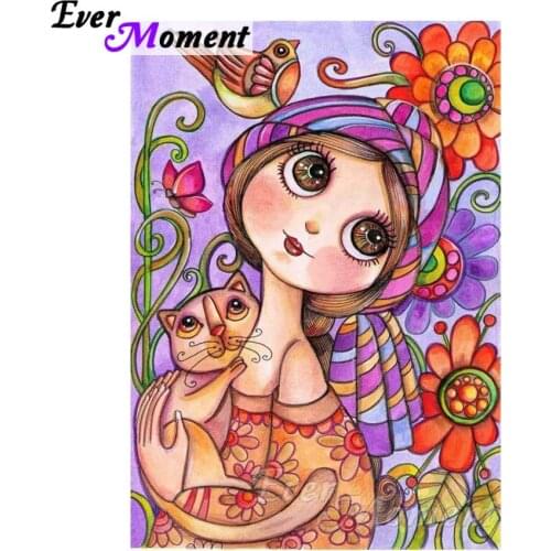 Ever Moment DIY Diamond Painting Cross Stitch Girl and Cat Mosaic Full Square Drills Rhinestone Artwork Home Decoration ASF1194