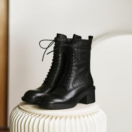 2021 New Boots Women Genuine Leather Round Toe Chunky Heel Autumn Boots Platform Boots Winter Women Shoes Motorcycle Boots