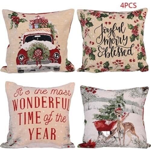 4pcs Christmas Pillow Cover Linen Throw Sofa Cushion Case Vintage Home Decor M68E