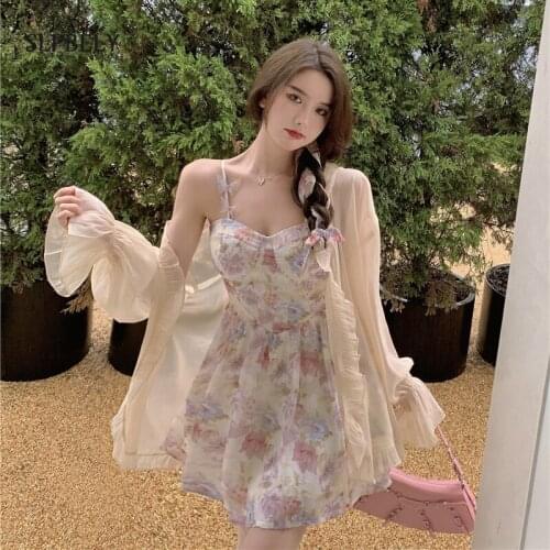 SLPBELY Elegant Floral Printed Sling Dress For Women Sexy Backless Mini Dress Sleeveless Summer French Bench Party Night Dress