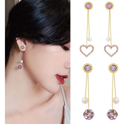 Purple Peach Heart Round Pearl Rhinestone Tassel Earrings Temperament Long Pendant Dangle Earring Women Wild Jewelry Accessories