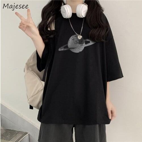 Half Sleeve T-shirts Women Long Vintage Planet Print Design Loose Korean Harajuku Streetwear Tops Clothing O-neck Tees Camisetas