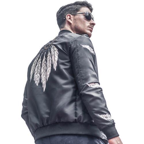 BIG FOR SAM Autumn Mens Clothing Bomber Jacket Coats White Feather Print Pentagram Embroidery Casual Outerwear pilot Jackets