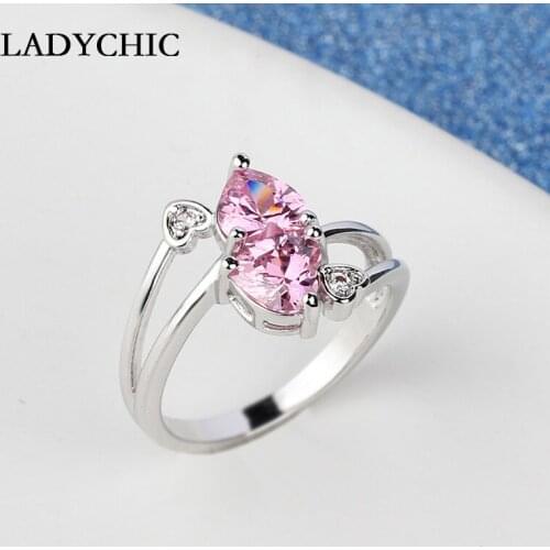 LADYCHIC Fashion Women Jewelry Love Heart Pink Zircon Rings Exquisite Silver Color Engagement / Party Girl Ring Wholesale LR1065