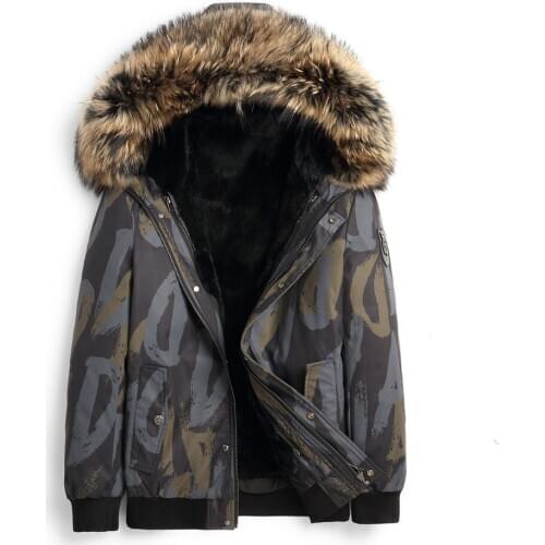 2020 Promote New Raccoon Dog Fur Trimmed Collar Hooded Rabbit Fur Lining Parkas Men Winter Real Fur Outerwear