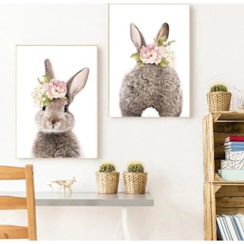 Rabbit Bunny Tail Nursery Wall Art Picture Flower Animal Canvas Painting Child Poster and Print Nordic Kids Baby Girl Room Decor