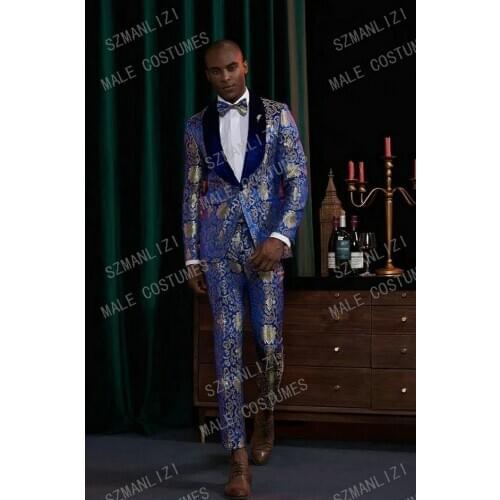 2021 New Fashion Suit Latest Coat Pant Designs Royal Blue Floral Tuxedo Velvet Lapel Party Dress Groom Suit Men Suit For Wedding