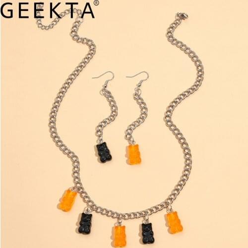 New Silver Color Chain Pendant Necklace for Women Funny Cute Black Orange Bear Drop Earrings Female Gift Jewelry Gifts