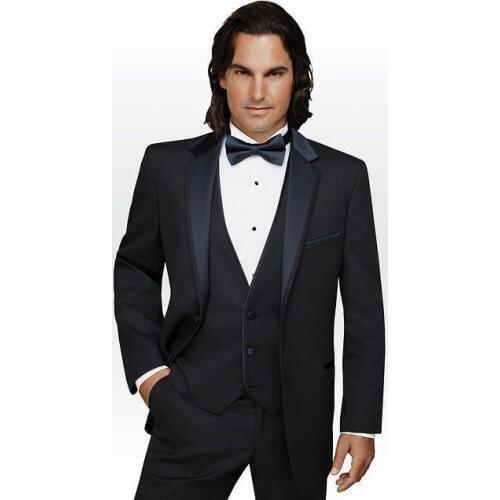 Slim Fit Two Buttons Black Groom Tuxedos Notch Lapel Groomsmen Best Man Wedding Prom Suits (Jacket+Pants+Vest+Tie)
