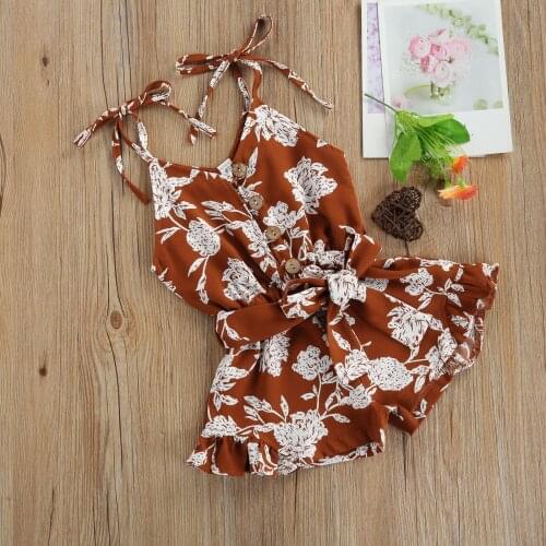Newborn Baby Girls Floral Print Sling Romper with Waistband Ruffles Sleeveless Jumpsuit Infant Kids Clothes Toddler Outwear