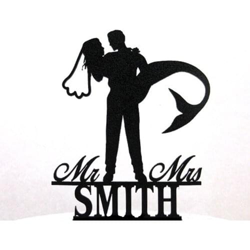 Personalized Mermaid Wedding Cake Topper, Mermaid Bride silhouette with Mr & Mrs name Cake Topper,Custom acrylic wooden tooper