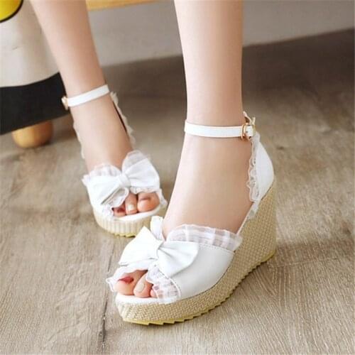 PXELENA Elegant Lace Ruffles Bowtie Bride Wedding Sandals Women White Pink Beige Peep Toe Wedge High Heels Platform Summer Shoes