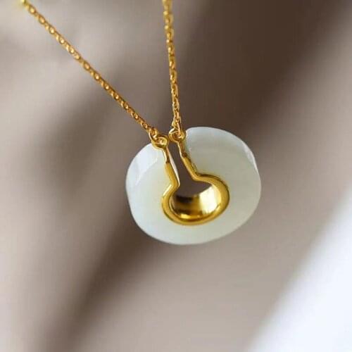 S925 Sterling Silver Gold Plated Natural Hetian Jade White Jade Peace Buckle Jade Ring Female Clavicle Chain Integrated Necklace