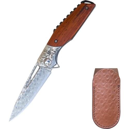 High Quality Damascus Folding Knife VG10 Core Damascus Blade Abalone Shell/Steel+Rosewood Handle Outdoor Adventure Tool Knife