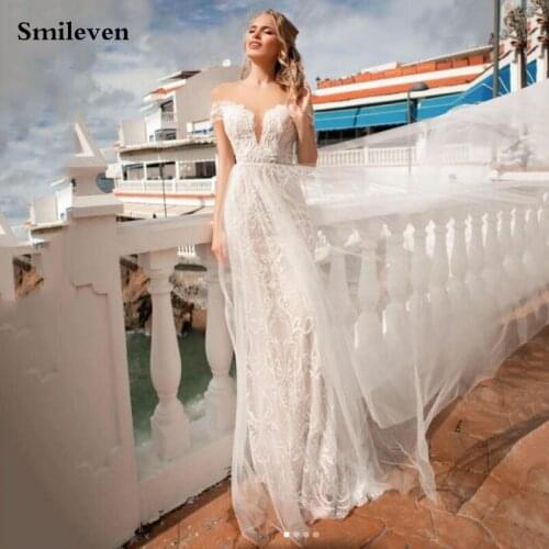 Smileven Lace Mermaid Wedding Dress Short Sleeve Boho Bridal Gowns With Detachable Train Robe de soriee 2021