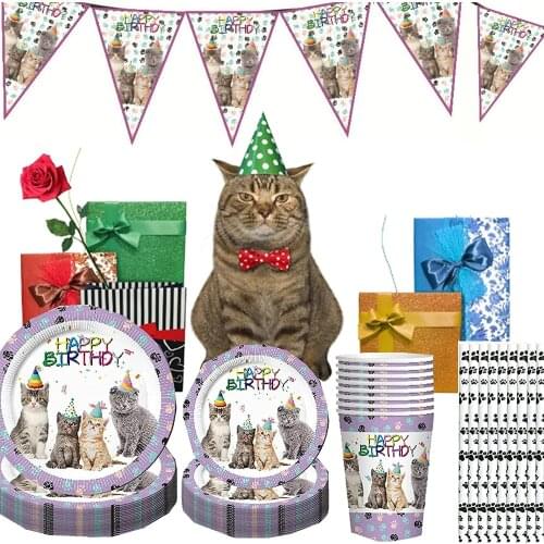 Cat Party Supplies Disposable Tableware Plates Cups Napkins Kitten Birthday Theme Party Dinnerware Set Baby Shower Pet