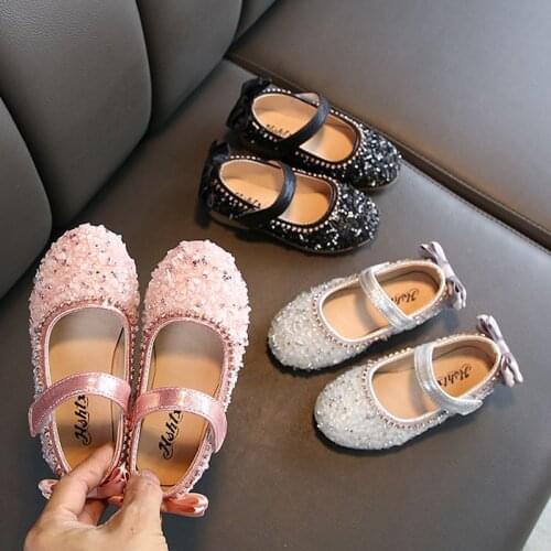 Hot Girls Shoes With Bow Glitter Rhinestone Princess Party Shoes Soft Flats For Girls Kids Shoes Spring