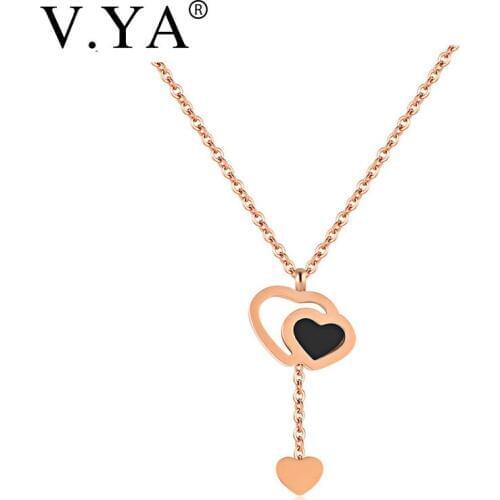 V.Ya Fashion Double Love Heart Crystal Choker Women Necklace Rose Gold Color Stainless Steel Chain Party Jewelry Gifts For Girls