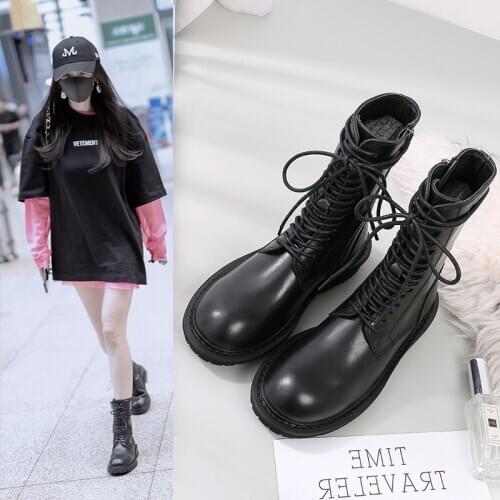 Koovan Womens Short Boots 2020 New Genuine Leather Strap Flat Boots Thick Bottom Handsome Motorcycle Girls Shoes