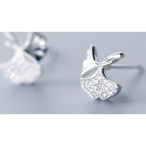 MloveAcc Genuine 925 Sterling Silver Cute Dazzling Botany Ginkgo Leaf CZ Stud Earrings for Women Sterling Silver Jewelry
